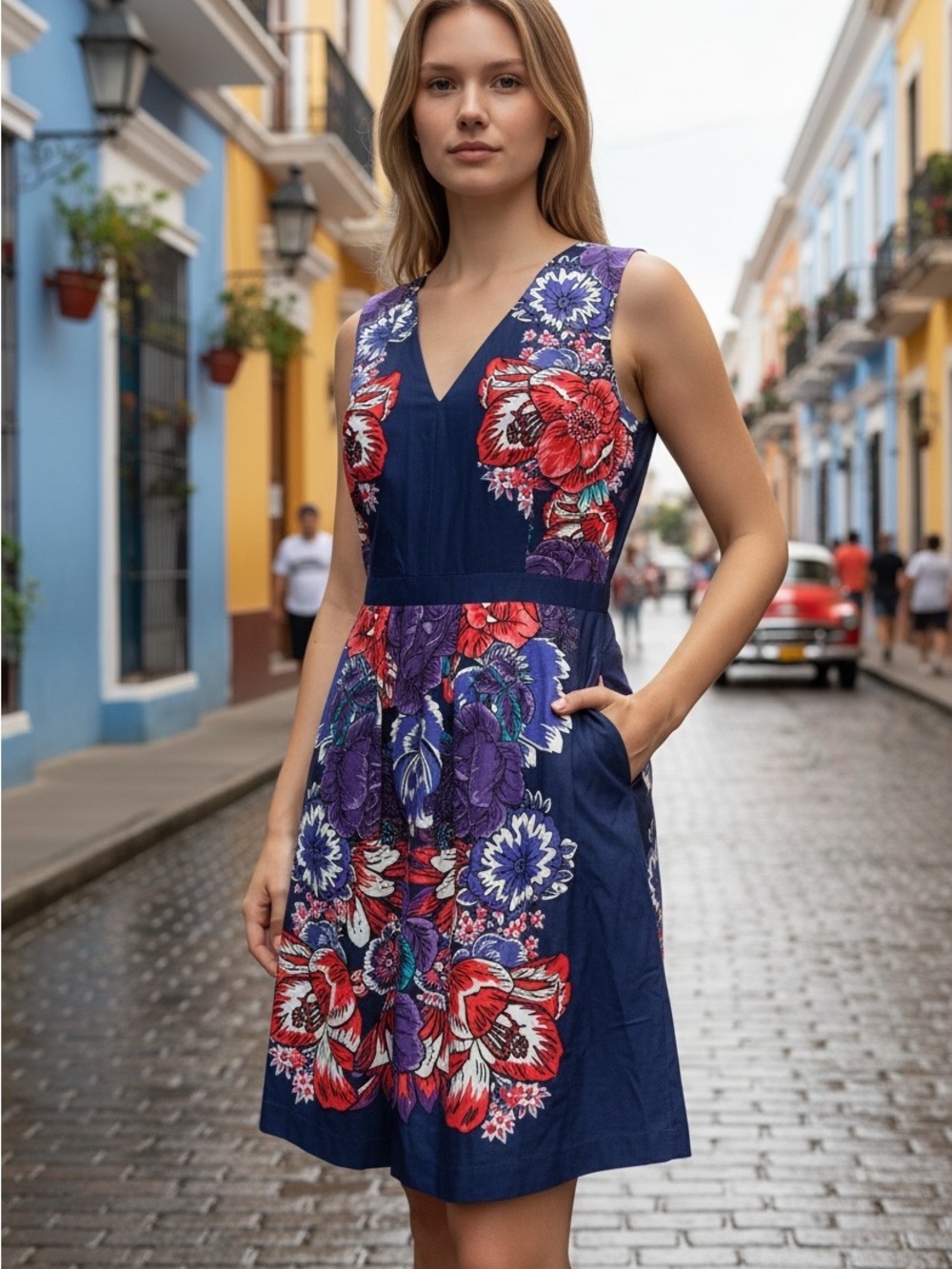 Sleeveless V-Neck Navy Floral A-Line Dress